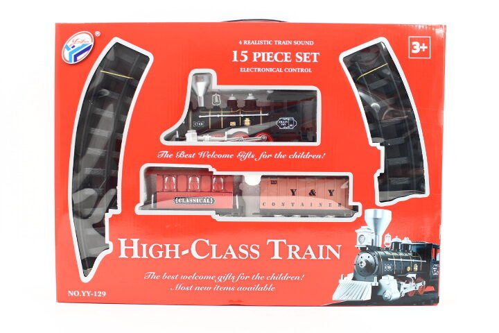 Klasisks interaktīvs elektrisks vilcienas ar vagoniem un sliedēm HIGH Class Train ar skaņas un gaismas signāliem