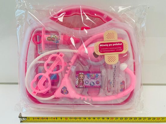 Rotaļlu daktera piederumi rozā koferī