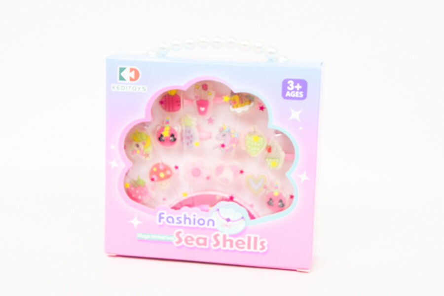 Gredzentiņu komplekts meitenēm Fashion Sea Shells, 15 gredzentiņi plastikāta simiņā ar pērļu rokturīti/ rokassprādzi