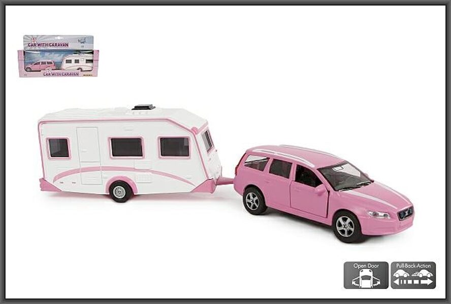 Rozā spēļu automašīna ar karavānu 