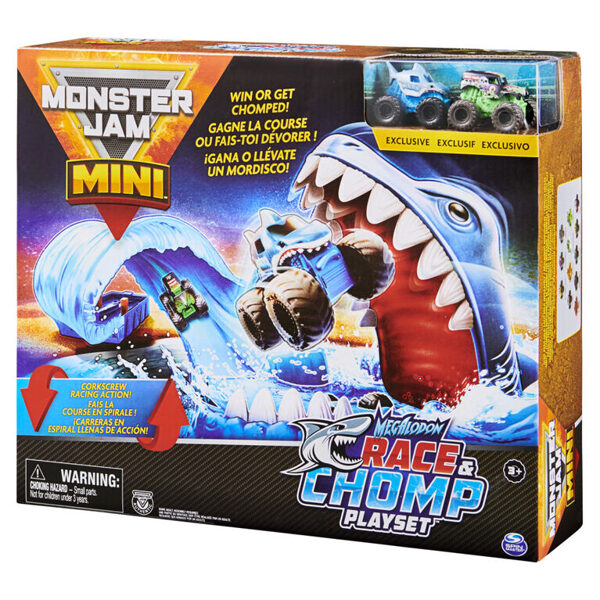 SPIN MASTER MONSTER JAM Mini Megalodon Race and Chomp Playset with 2 Monster Jam Mini Trucks in 1:87